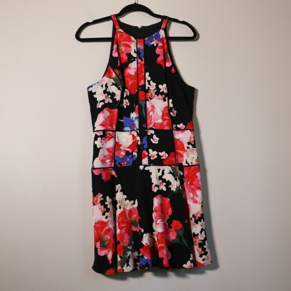 Guess dress Brook sleeveless halter floral black red fit & flare Women's Size 10